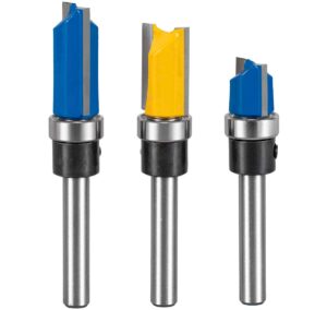 YoiYee 3-Piece Flush Trim Router Bit Set, 1/4 Inch Shank, 1/2 Inch Cutting Diameter, Carbide Tipped Woodworking Cutters with Top Ball Bearing. Includes 12mm, 20mm, 25mm Blade Heights for Laminate