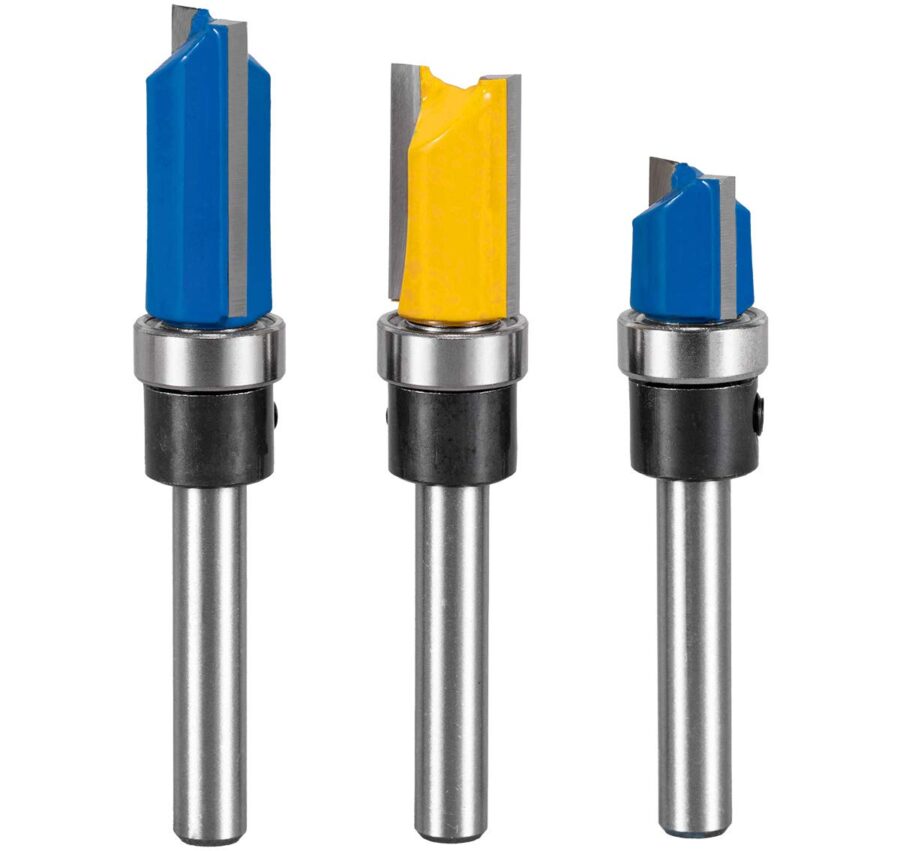 YoiYee 3-Piece Flush Trim Router Bit Set, 1/4 Inch Shank, 1/2 Inch Cutting Diameter, Carbide Tipped Woodworking Cutters with Top Ball Bearing. Includes 12mm, 20mm, 25mm Blade Heights for Laminate