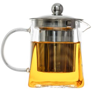 YoiYee Glass Teapot, Heat Resistant Clear Borosilicate Glass Small Tea Pot with 304 Stainless Steel Infuser & Strainer to Brew Loose Leaf Tea, 350ml, Microwavable and Stovetop Safe