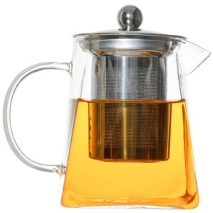 YoiYee Glass Teapot, Heat Resistant Clear Borosilicate Glass Small Tea Pot with 304 Stainless Steel Infuser & Strainer to Brew Loose Leaf Tea, 550ml, Microwavable and Stovetop Safe