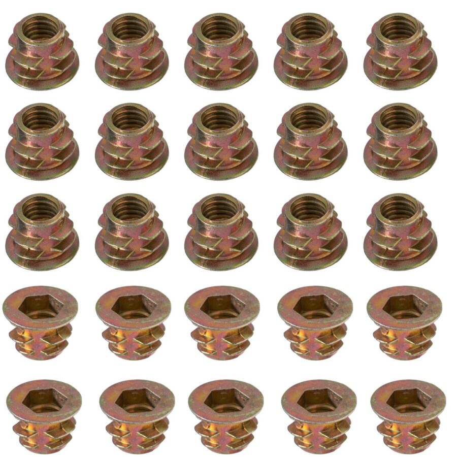 YoiYee M6 x 8mm Wood Insert Hex Socket Nuts, Flanged Threaded - 25 Pack