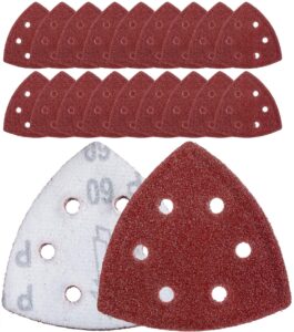 YoiYee 93mm Triangle Detail Sanding Sheets – 20PCS Mixed Grit P60/100/150/220, 6-Hole, Hook and Loop for Mouse Sanders