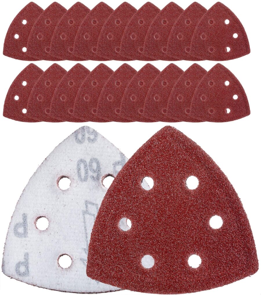 YoiYee 93mm Triangle Detail Sanding Sheets – 20PCS Mixed Grit P60/100/150/220, 6-Hole, Hook and Loop for Mouse Sanders