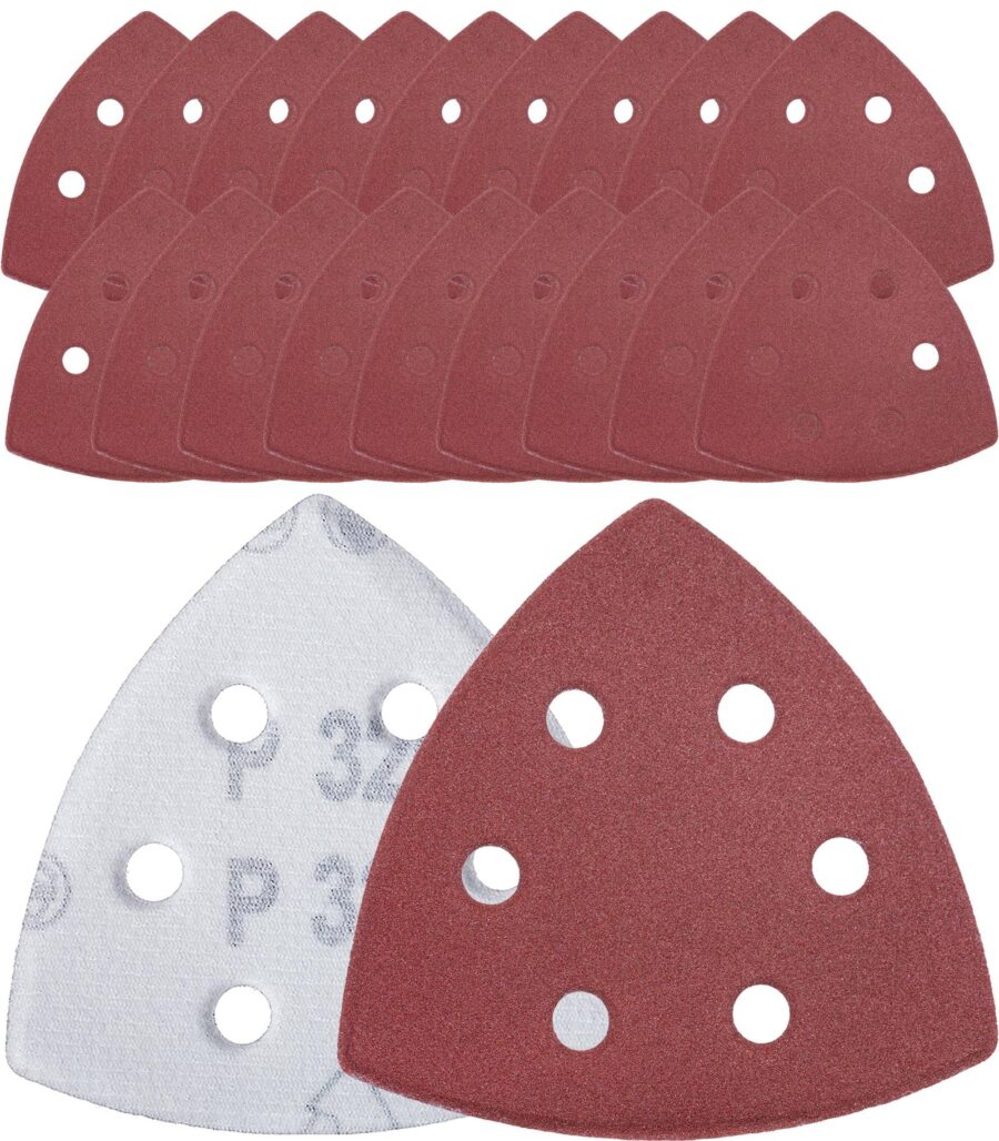 YoiYee Triangle Mouse Sanding Sheets 93mm – 20PCS P100/150/220/320 Mixed Grit, 6-Hole, Hook & Loop, Aluminium Oxide